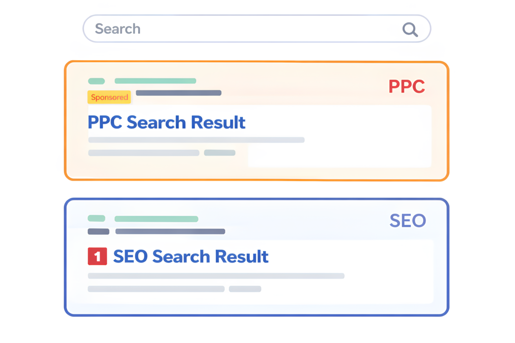 This image illustrates the difference between PPC and SEO placements in search engine results.